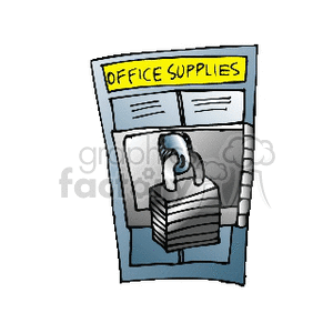 A clipart illustration of a locker or cabinet marked 'Office Supplies' with a large padlock securing it.