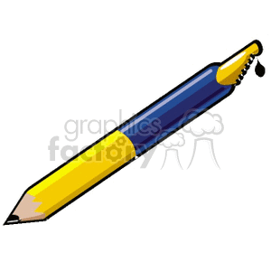 A colorful clipart image of a yellow and blue pencil with an eraser at one end.