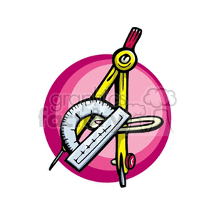 Colorful clipart of drafting and drawing tools including a compass, protractor, and ruler, set against a circular background.