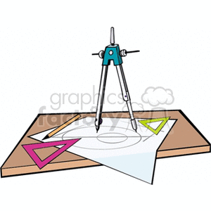 A clipart image featuring a drafting table with a compass, a pencil, and geometric triangles used for drawing and drafting.