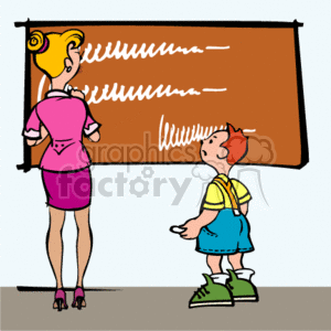 The clipart image depicts a classroom scene where a teacher is standing in front of a large brown board that has writing on it in white chalk. The teacher is facing the board and appears to be showing or explaining something to a young boy who is facing her. The boy is attentively looking up at the board or the teacher.