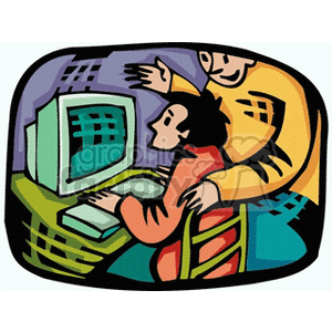 A colorful clipart image depicting an adult guiding a child on how to use a computer, symbolizing education, learning, and technology.