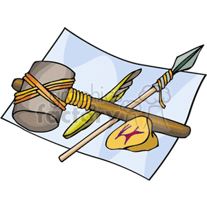 Clipart illustration of stone-age tools including a stone hammer, a spear with an arrowhead, and a stone artifact.