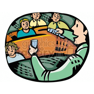 A colorful clipart image depicting a presentation or lecture scene where a person at the front is holding a bottle and a cup, addressing a group of attentive people seated in an auditorium or classroom setting.