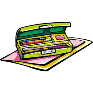 Clipart image of an open school supply box with pens, pencils, and other writing tools placed on a folder.