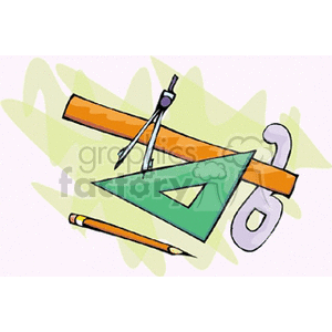 Colorful school supplies illustration including a pencil, ruler, compass, protractor, and set square.