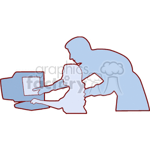 Silhouette of a teacher assisting a student at a computer, symbolizing education and learning.