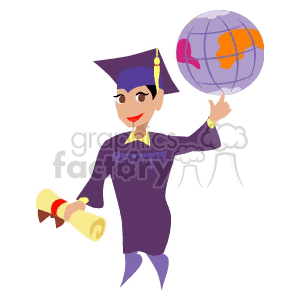 Clipart image of a graduate holding a diploma and a spinning globe, wearing a cap and gown.