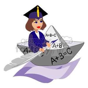 Clipart of a determined student wearing a graduation cap, rowing a paper boat featuring algebraic equations.