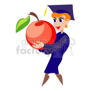 Cartoon student holding an apple wearing a cap and gown