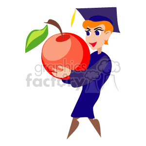 Cartoon character in graduation attire holding a large red apple.