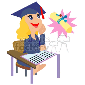 A clipart image of a female student wearing a graduation cap and gown, sitting at a desk with a diploma in the background.