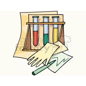 Clipart image of three test tubes in a wooden rack with colorful liquids, alongside a pair of gloves and a worksheet with a pen. Represents concepts of science education and school laboratory activities.