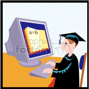 A student in a graduation cap working on a computer, viewing a book with mathematical expressions.