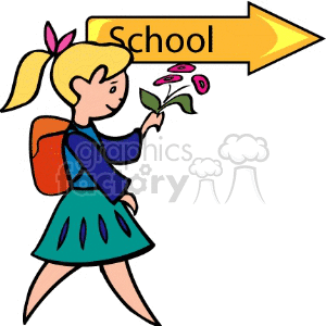 A clipart image of a girl with a backpack holding a flower, walking towards a school sign.