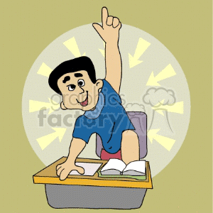 Clipart of an enthusiastic student raising his hand in class, sitting at a desk with books.