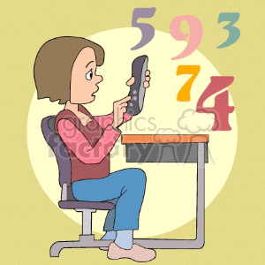 A clipart image of a girl sitting at a desk and holding a device, with numbers floating around her.