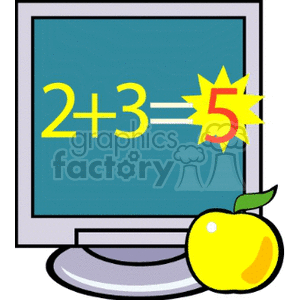 Clipart image of a computer monitor displaying a math equation 2+3=5 alongside a yellow apple.