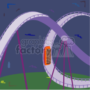   The image is a simple clipart illustration of a roller coaster at an amusement park. The roller coaster has a purple track with a loop, and there