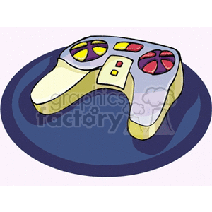 A clipart image of a colorful game controller with various buttons, placed on a blue circular platform.