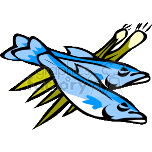 The clipart image shows three stylized blue fish tied together with green plants, suggesting they are prepared for cooking or market display.