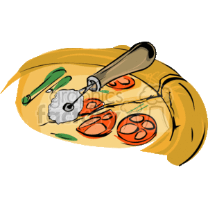 The clipart image depicts a pizza with several toppings including what appears to be tomato slices and green bell pepper, with a pizza cutter being used to slice the pizza into pieces. The pizza is shown partially sliced with one slice being separated from the rest. The image style is cartoonish and it’s colored primarily in tones of yellow, red, green, and brown.