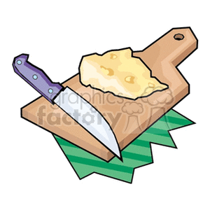 Clipart image of a cutting board with a piece of cheese and a knife.