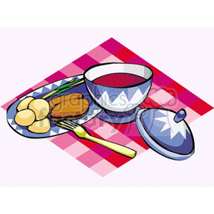 Clipart image of a breakfast setting with a bowl, plate, fork, and food items on a checkered tablecloth.