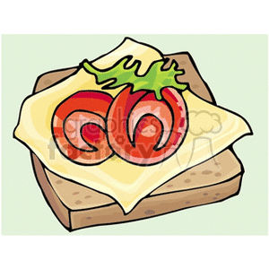 A clipart image of an open-faced sandwich with cheese, tomato slices, and a piece of lettuce on a slice of bread.