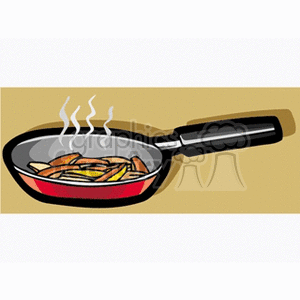 Clipart image of a frying pan with food being cooked, with steam rising.