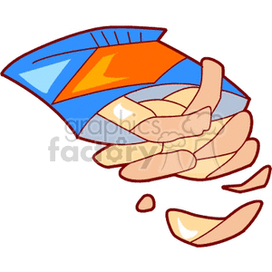 Clipart image of an open bag of potato chips spilling out.