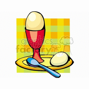 Illustration of a soft-boiled egg in a red egg cup with a spoon and an egg on a yellow plate.