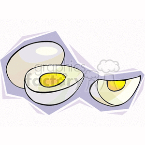 Illustrated clipart of hard-boiled eggs, featuring whole and sliced pieces with visible yolks.