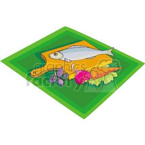 Clipart image of a fish on a cutting board with vegetables like radish, carrot, and greens.