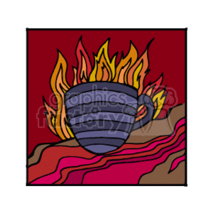 The image shows a stylized cup with flames rising from it. The cup appears to be on top of a surface with a wavy, striped pattern. The background is red, and the flames are a combination of yellow and orange, indicating heat or that the cup is very hot.