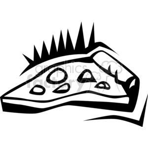 Black and white clipart illustration of a slice of pizza with a spiked edge.