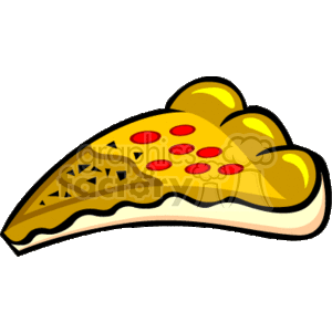 The clipart image depicts a stylized piece of pizza with a golden crust, melted cheese, and red pepperoni slices.