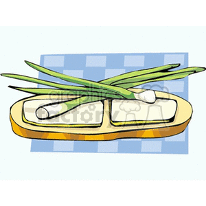 A clipart image featuring a sandwich with green onions or scallions placed on top, set against a blue checkered background.