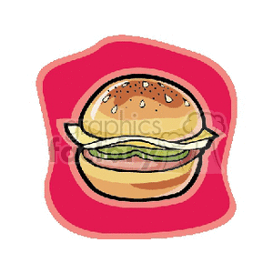 A clipart image of a hamburger with sesame seed bun, cheese, lettuce, and a meat patty on a red background.