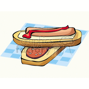 A clipart image of two sandwiches. One sandwich contains a hot dog with ketchup on a bun, and the other has slices of salami on bread, placed on a blue checkered background.