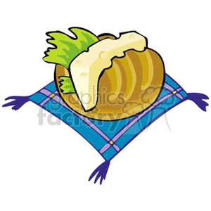 A clipart image of a baked potato with a slice of cheese and lettuce placed on a blue checkered napkin.