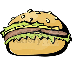 A colorful clipart image of a hamburger with lettuce, cheese, and a sesame seed bun.