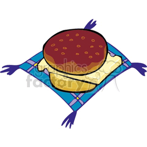 A clipart image of a sandwich with cheese placed on a decorative cloth.