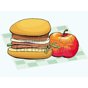 A clipart image of a sandwich with lettuce and cheese alongside a red apple on a checkered napkin.