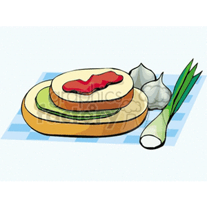 Clipart image of a sandwich with bread, lettuce, and a topping, placed on a checkered tablecloth next to garlic cloves and a green onion.