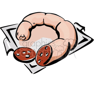 A clipart image featuring a sausage ring resting on a piece of parchment paper with two slices cut off.