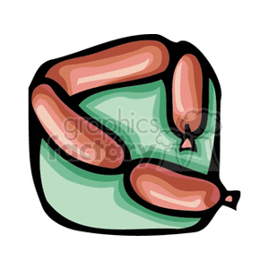 Clipart image of a string of sausages on a green and black background.