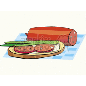 A clipart image of sliced sausage on a wooden cutting board with green onions, with a whole sausage in the background on a blue checkered cloth.