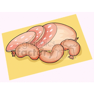 Clipart image of sliced sausages and sausages on a yellow background.