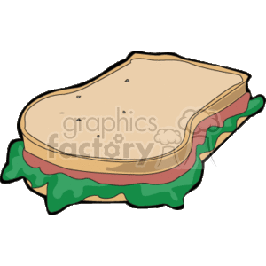 This clipart image depicts a cartoon-style drawing of a classic sandwich. The sandwich includes two slices of bread, with fillings that seem to consist of lettuce, tomato, and a slice of cheese or possibly a meat product such as ham.